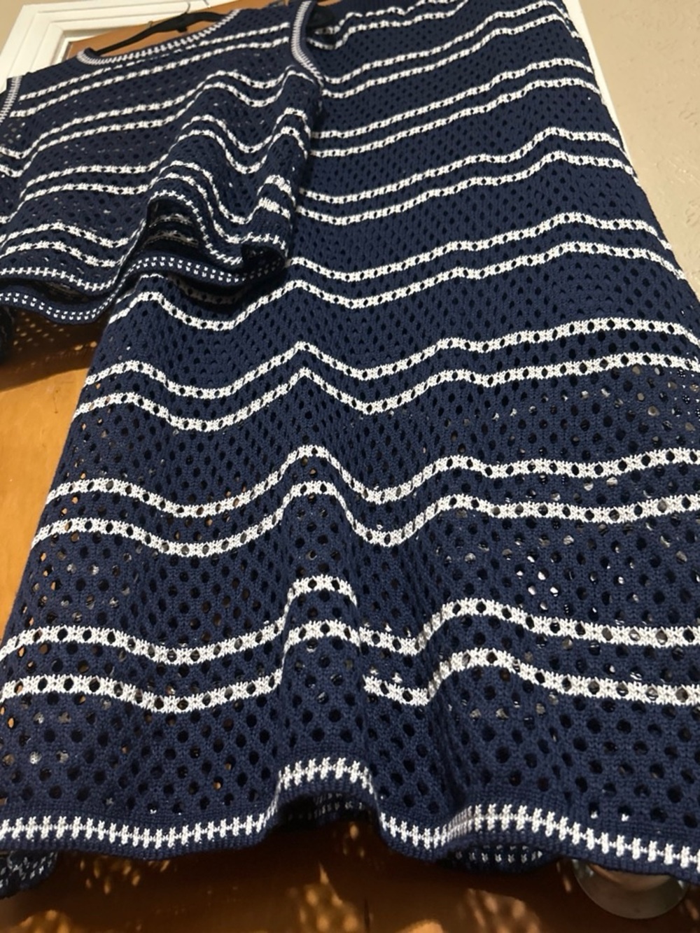 Navy and White Striped Crochet Throw Blanket